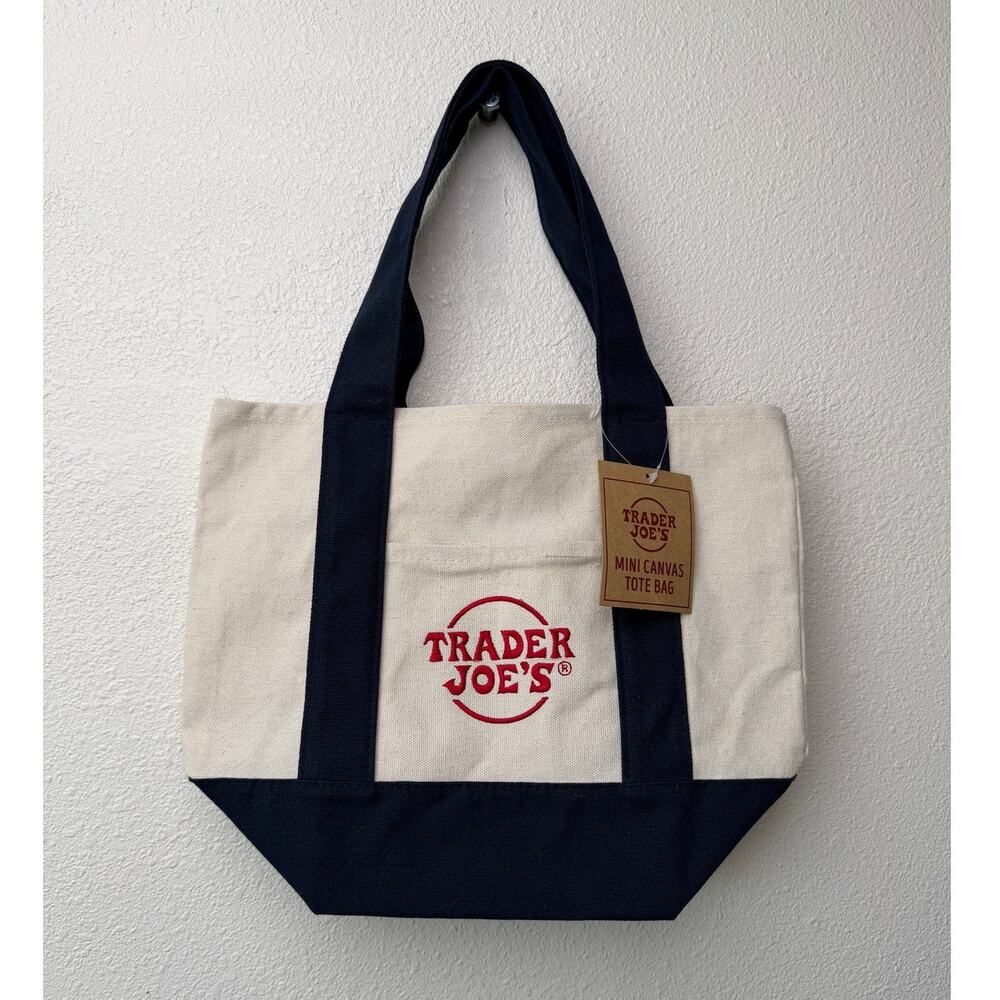 NWT Trader Joe’s Mini Canvas Tote Bag Navy Cream Red Logo Grocery Shopper